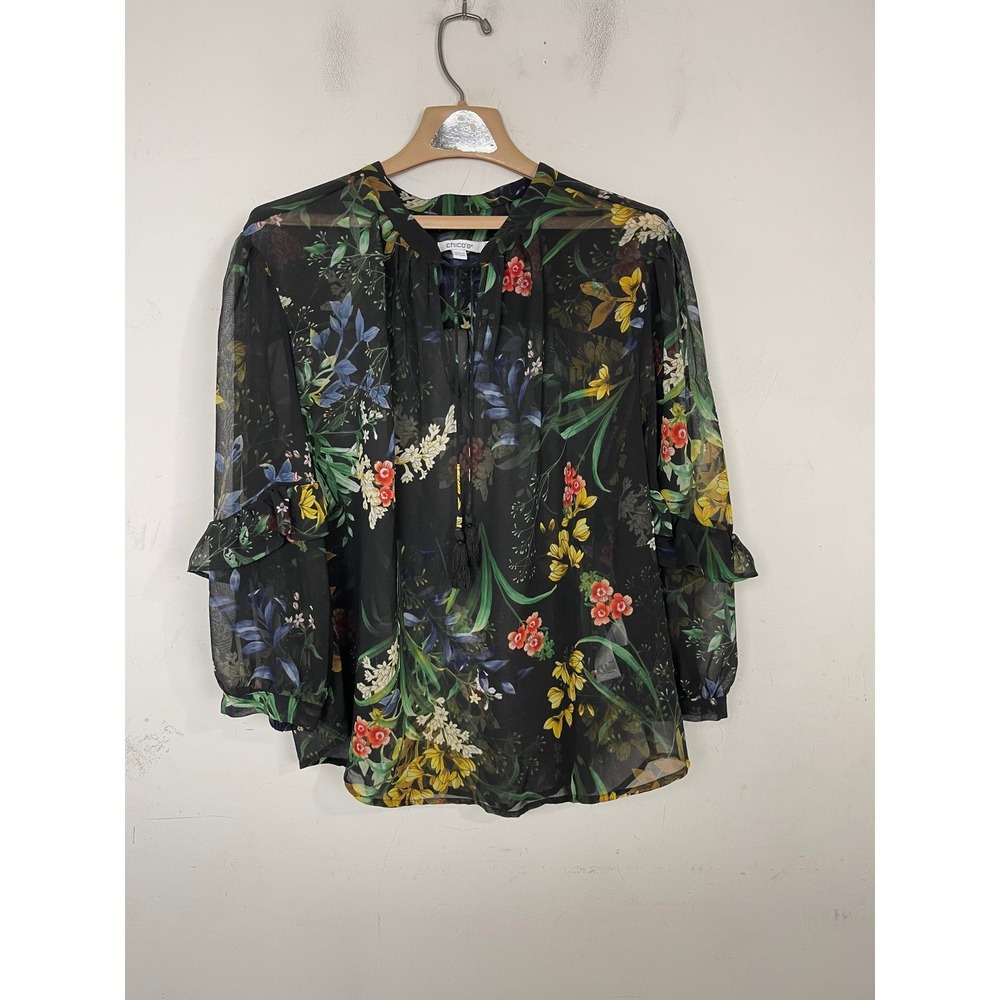 Chicos Black Floral Chiffon Blouse Tassel Tie Ruffle Sleeve Top Size 3.5 US 18 - Picture 1 of 10